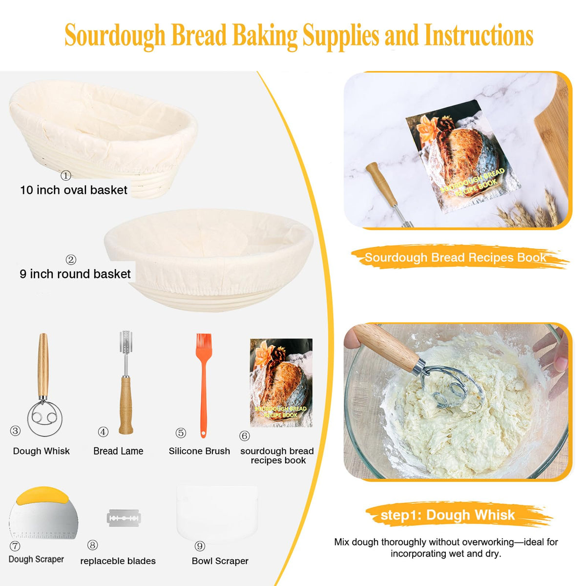 Banneton Bread Proofing Basket Set with Liners,9 Inch Round & 10 Inch Oval Sourdough Baking Kit for Professional & Home Use