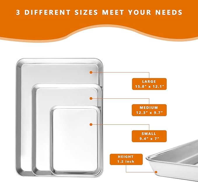 ICEICE 3 Pack Stainless Steel Baking Sheets - Non Stick Cookie Sheets & Pans for Oven, No Coating, Warp-Resistant & Dishwasher Safe, 9/12/16 Inch
