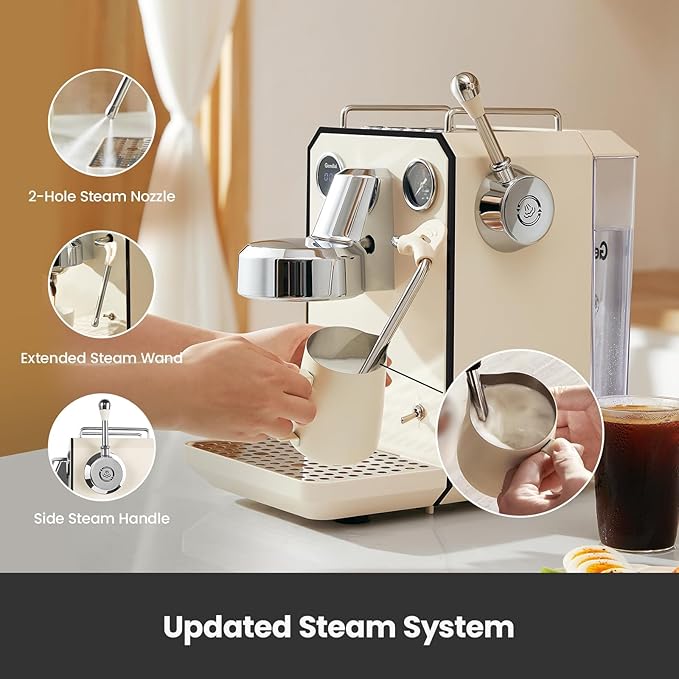 Gemilai Owl Espresso Machine, 15 Bar Professional Semi-Automatic Espresso Maker with Milk Frother Steam Wand, 57oz Removable Water Tank, Dual Display, for Cappuccino, Latte at home, G3006, Ivory White