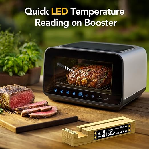 BBQOVN WiFi Sub-1G Wireless Meat Thermometer Unlimited Range, Check Temp Anywhere,7 NIST Certified Sensors with Ambient Temp, Monitor for BBQ, Grill, Oven, Smoker, Air Fryer (Harvest Bamboo)