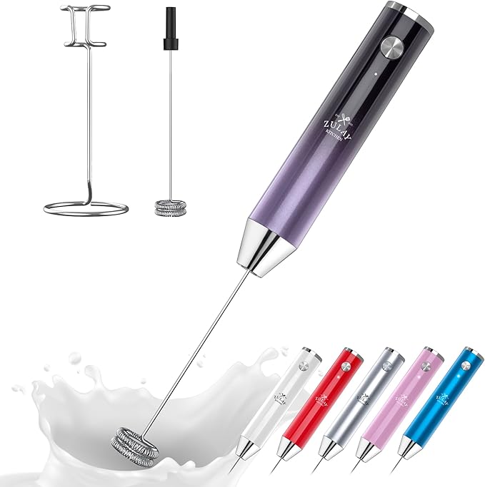 Zulay Kitchen Rechargeable Milk Frother Handheld - Frother Wand, Drink Mixer, Electric Whisk Frother, for Cappuccinos, Matcha & Protein Powder - Lux Double Whisk 2 Speed Waterproof 2000mAh Purple