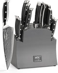 16-Piece Damascus Knife Set with Block, VG10 67-Layer Damascus Steel Kitchen Knife Set with Triple-Rivet Handles, 6 Steak Knives, Meat Fork, Sharpener & Scissors, Gray