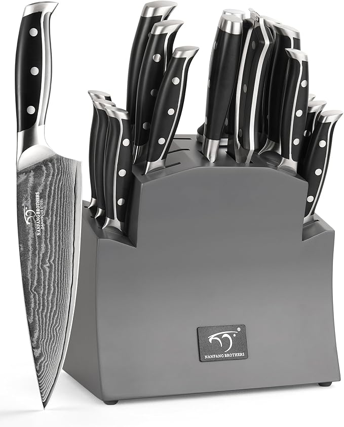 16-Piece Damascus Knife Set with Block, VG10 67-Layer Damascus Steel Kitchen Knife Set with Triple-Rivet Handles, 6 Steak Knives, Meat Fork, Sharpener & Scissors, Gray