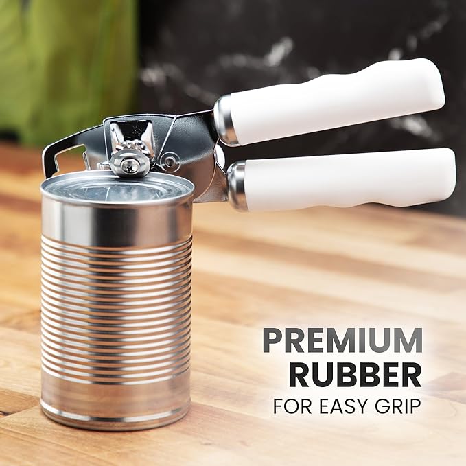 Zulay Kitchen Heavy Duty Stainless Steel Can Opener Manual with Bottle Opener - Rust Proof Manual Can Opener With Turn Knob & Comfy Soft Grip Handles - White