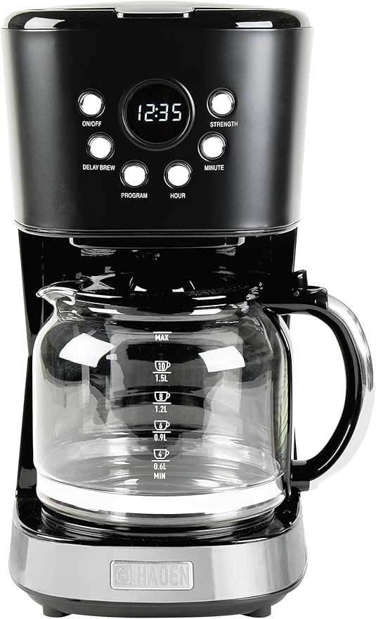 HADEN Coffee Machine, 12 Cup Programmable Drip Coffee Maker with Auto Shut-Off Function and Reusable Washable Water Filter, Black & Chrome