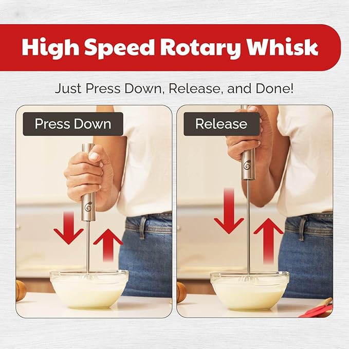 Stainless Steel Push-Down Rotary Egg Beater Hand Whisk 2 Pack 12 & 14 Inch
