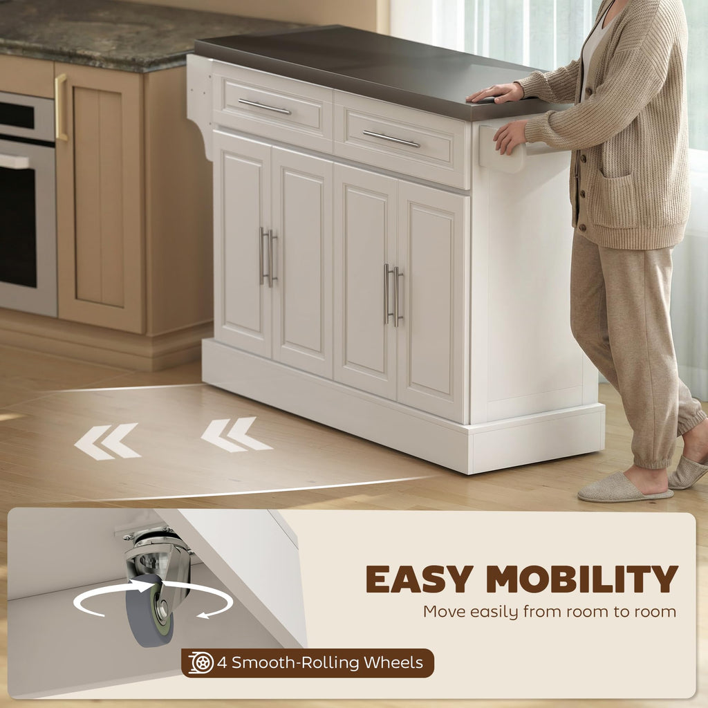 HOMCOM Rolling Kitchen Island Cart with 47" Stainless Steel Top White