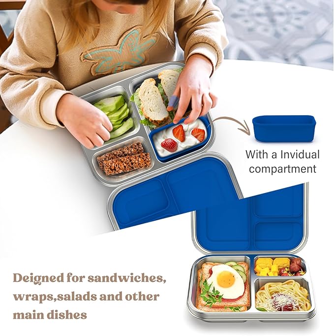 BABHAMNESS Stainless Steel Bento Box Kids, 3 Compartments Leak Proof Metal Bento Lunch Box, 304 Stainless Steel Bento Lunch Containers for School and Office,Dishwasher Safe, BPA-Free-Blue