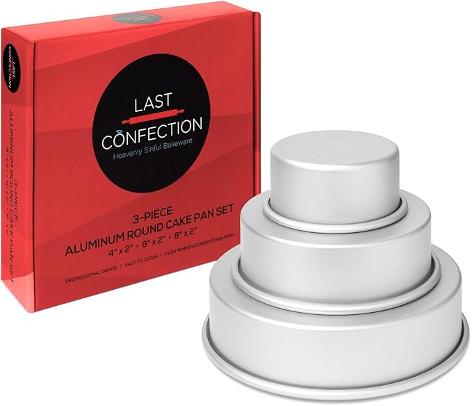 Last Confection 3-Piece Round Cake Pan Set - Includes 4 x 2, 6 x 2 and 8 x 2 Inch Anodized Aluminum Layer Cake Pans Baking Tins