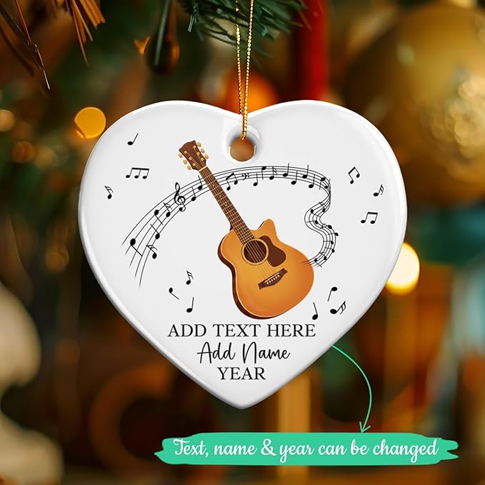 Customized Guitar Christmas Ceramic Ornaments, 2026 Christmas Ornament Gift for Guitarist Teacher, Personalized Guitar Player Xmas Ornament with Text Name & Year, Instrument Xmas Tree Decor