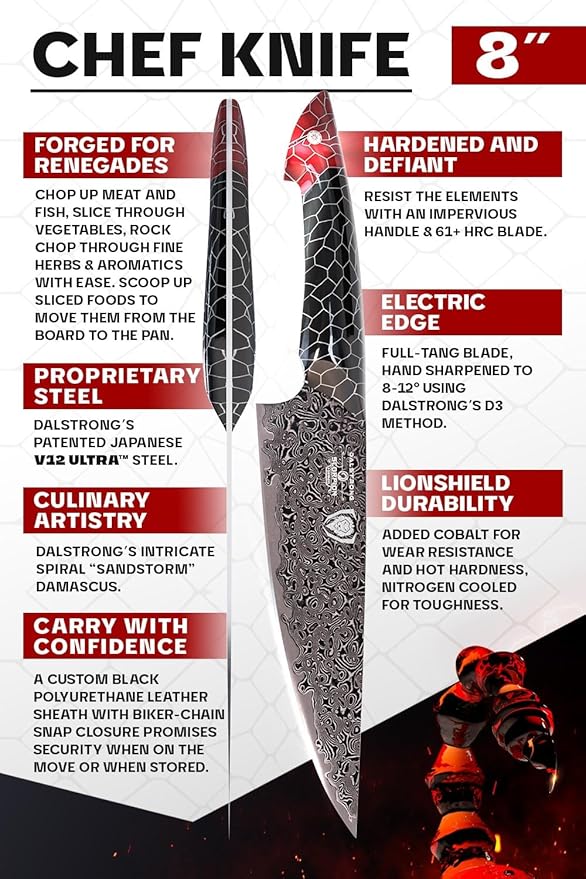Dalstrong 8" Chef Knife — AUS-12V Steel, 66+ HRC Hardest Build — For Daily Precision Cooking & Dark Kitchen Builds — Black Damascus, Honeycomb Handle, Scorpion ELITE, customer support