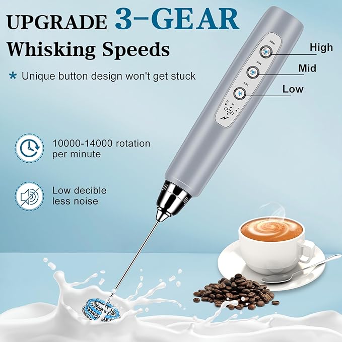 Milk Frother Wand Rechargeable Handheld Whisk Coffee 3 Speed Adjustable