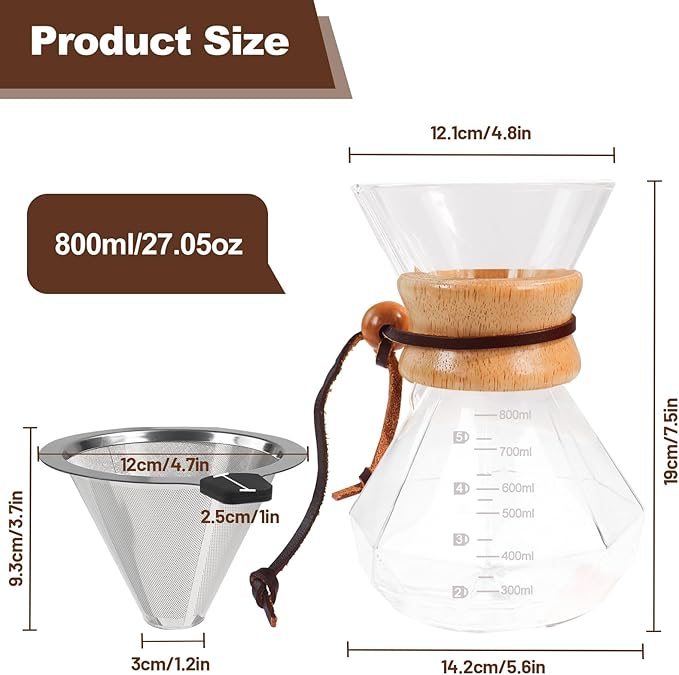 DITOSH Pour Over Coffee Maker 800ml 27.1oz Glass Drip Coffee Maker with 304 Stainless Steel Filter High Borosilicate Glass Duckbill Spout Solid Wood Handle Pour Over Coffee Dripper for Daily Brewing