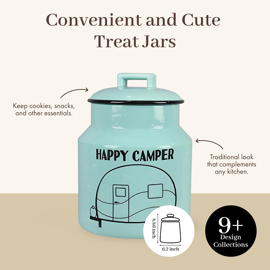 Young's Inc. Ceramic Cookie Jar - Cute Kitchen Counter Storage Canister with Lid - Perfect for Cookies, Coffee, Tea, Candy, Dog Treats, and More - Happy Camper - Mint