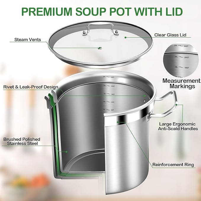 STOCKPOT Stainless Steel Stock Pot with Lid – 24 Quart (6 Gallon) Heavy-Duty Cooking Pot for Soup, Stew, Pasta – Commercial & Home Use, Easy to Clean