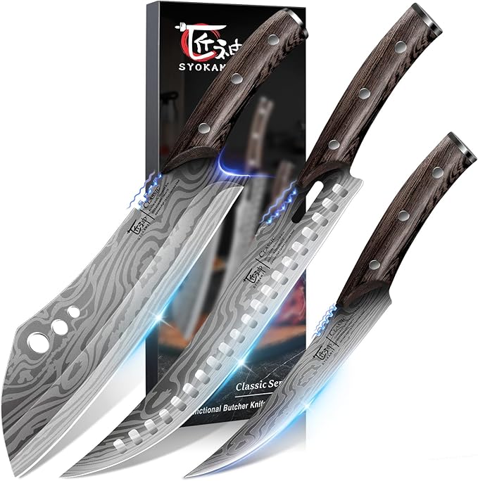 SYOKAMI Butcher Knife Set, Cleaver, Breaking & Boning Knife for Meat & BBQ