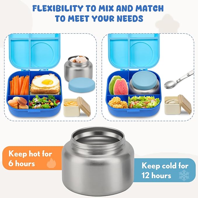 BOSEDSANG Bento Lunch Box for Kids with 12oz Soup Thermo,4 Compartments Lunch Box Containers Kids, Spoon&Sauce Jar, BPA Free&Leak proof,Insulated Food Jar for Travel((Blue)