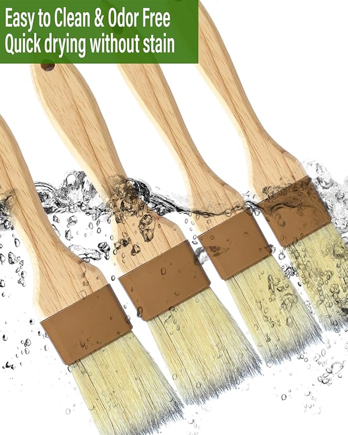 NXRACSH Natural Bristle Basting & Pastry Brush Set - 1.5"& 1" Food Grade Cooking Brushes, Not Shedding, for Turkey Basting, Butter, Egg Wash, Baking (4 Pc)