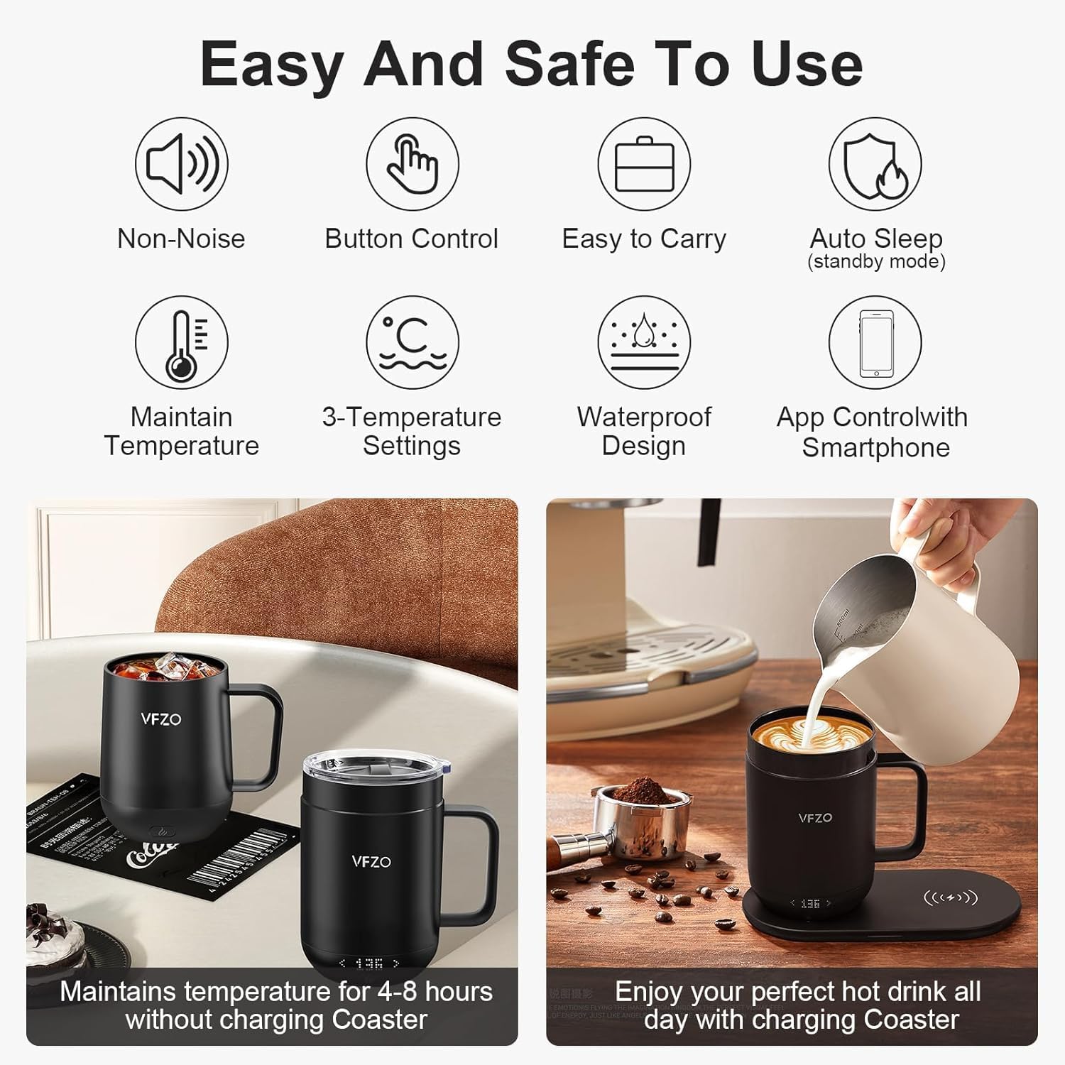 VFZO Self Heating Coffee Mug,High-Capacity- 18 oz, 180 Min Battery Life, Smart Heated Coffee Mug，Smart Mug, Simple Temperature Control Operation, Gifts for Family Members (Tintenschwarz)