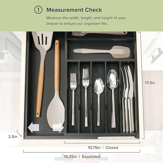 KitchenEdge Silverware & Utensil Drawer Organizer, 10.5-19 in, Black Bamboo
