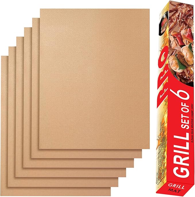 Renook Set of 6 Copper Grill Mats for Outdoor BBQ Grill