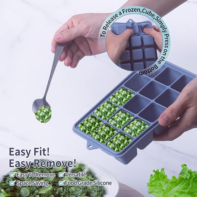 2 Tbsp Silicone Freezer Molds - Perfect for Storing Garlic, Herbs, Ginger, Pesto, Tomato Paste, Lemon Juice, Purees and More - Silicone Food Freezer Tray (Blue 2 Pack)