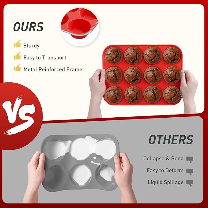 2 Pack 12 Cups Silicone Muffin Pan with Metal Reinforced Frame Regular Size Silicone Molds Cupcake Cake Baking Pans Cookie Baking Chocoflan Cupcake Mold Nonstick Muffin Tin Home Baking Supplies