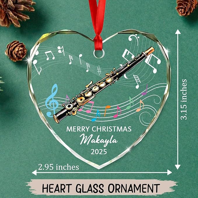 Customized Piccolo Instrument Glass Christmas 2026 Ornament, Personalized Year Text Name Piccolo Player Xmas Ornaments Gift for Husband Wife Dad Mom Kids, Unique Piccolos Musical Instrument Ornament