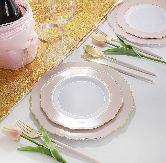 I00000 144 Pink Plastic Silverware, Fancy Gold Silverware with Pink Handle
