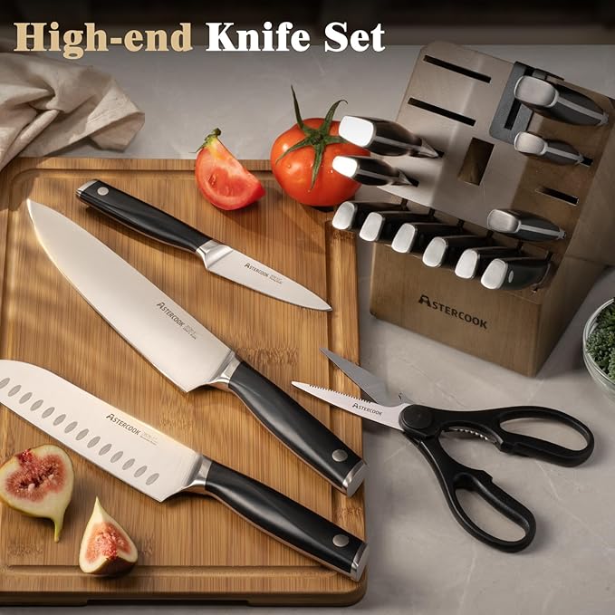 Astercook Knife Set, Kitchen Knives Set with Block and Sharpener Full Tang 17 Pcs German Stainless Steel Knives Sharp Blade Dishwasher Safe Premium Knife Set, Black Father Day Gifts for Men