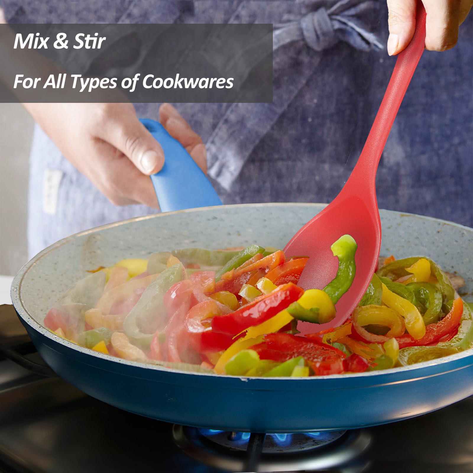 Silicone Spoons for Cooking - Extra Large Kitchen Spoons for Mixing, Serving, & Stirring - 600°F Heat-Resistant Non Stick Utensils Ladle & Skimmer- Dishwasher Safe, Red