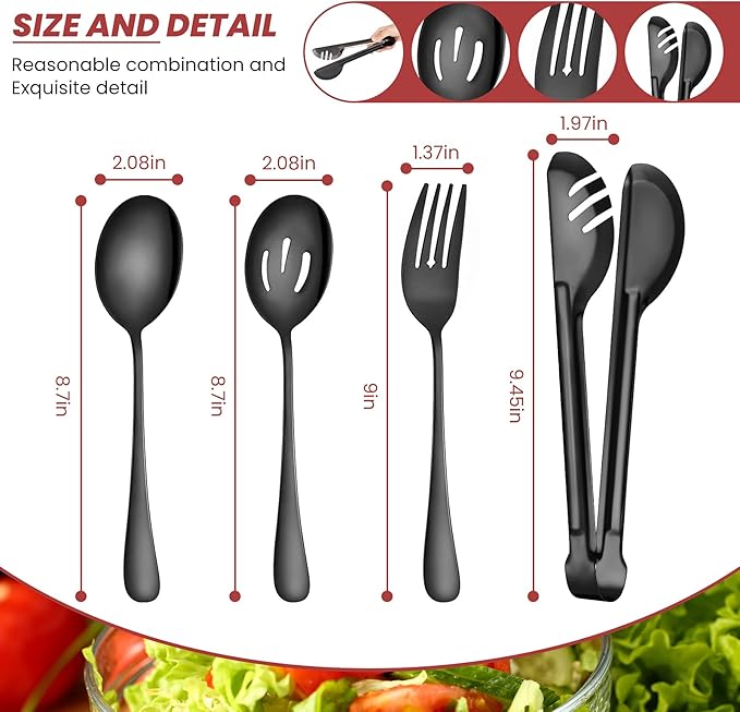 Patelai 8 Pcs Black Stainless Steel Serving Utensils Set 8.7" Large Spoons and Slotted Spoon 9.45" Tong 9" Forks Flatware Wedding Party Restaurant Cooking Kitchen Holiday Buffet Banquet Catering Hotel
