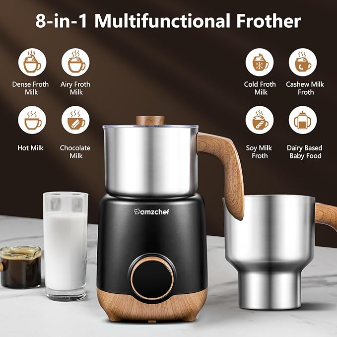 AMZCHEF 21 oz 8-in-1 Milk Frother, 550W Split Stainless Steel Automatic Steamer, Milk Warmer for Latte, Cappuccino, Hot Chocolate, Hot/Cold Froth, Heated Milk & Baby Food, Matte Black