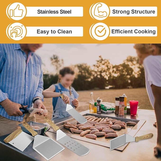 Metal Spatula Set of 5, HaSteeL Heavy Duty Griddle Accessories Kit, Durable Stainless Steel Burger Turner Flipper Scraper Tools for Flat Top Grill Teppanyaki Cast Iron, Indoor & Outdoor, Easy to Clean