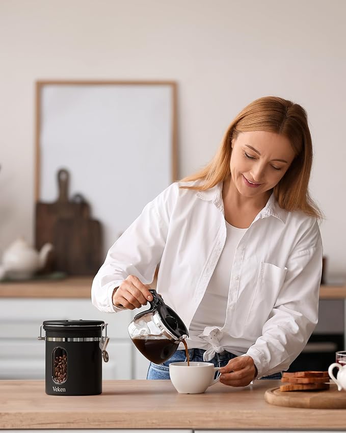 Veken Coffee Canister with Window, Airtight Stainless Steel Container, 16OZ