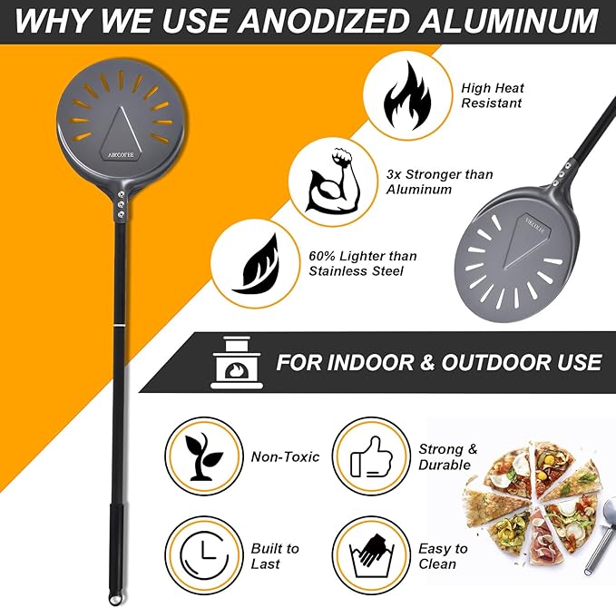 VIKCOLEE Turning Pizza Peel, 8 Inch with 25 Inch Handle Round Pizza Turning Peel, Professional Anodized Aluminum Turning Pizza Spatula, 33 Inch overall