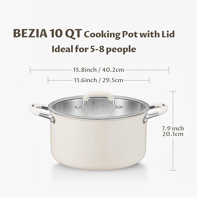 BEZIA 10QT Fully Clad 3-Ply Stainless Steel Stock Pot with Lid, Cooking Pot