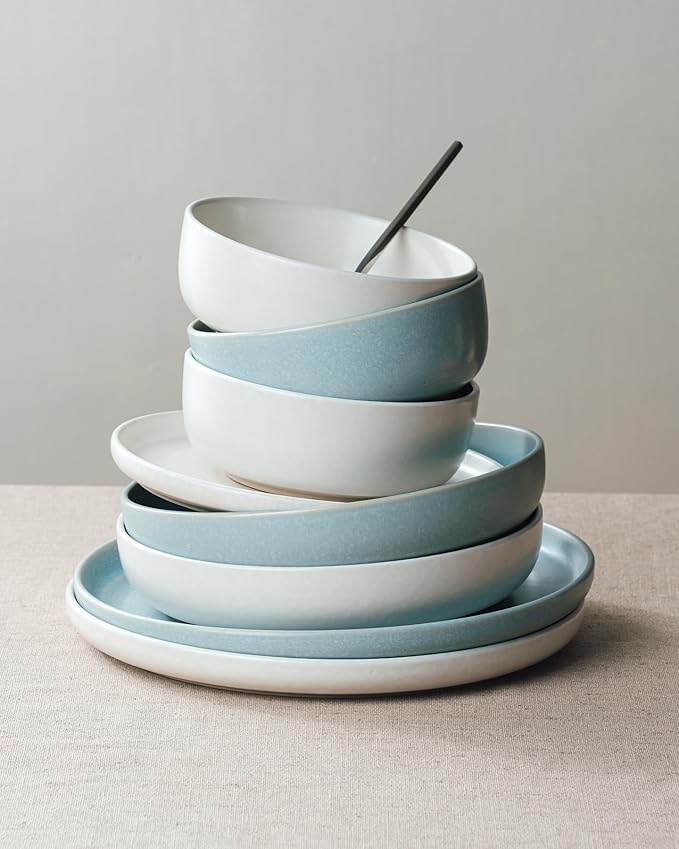 Famiware Milkyway 12-Piece Dinnerware Set, Matte Beige White & Light Blue