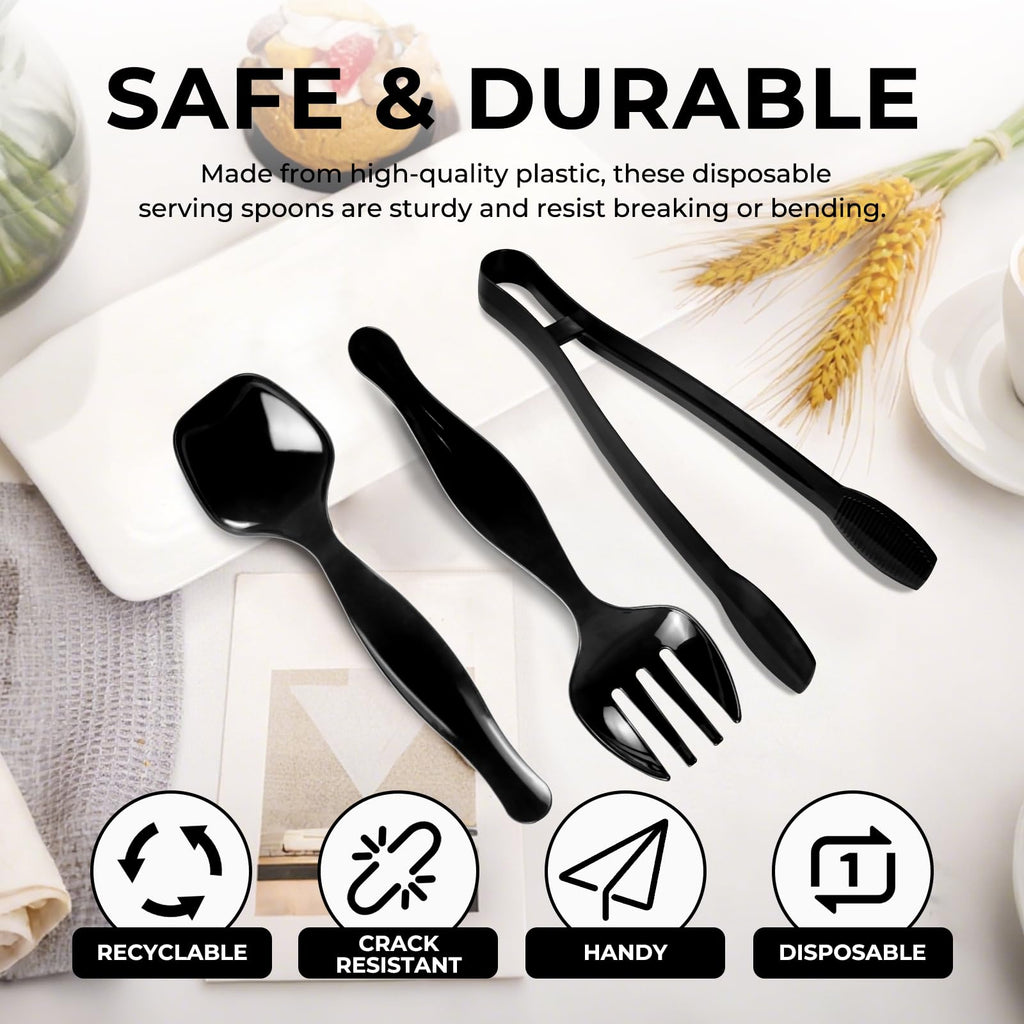 18 Count Plastic Serving Utensils Set, Disposable Serving Utensils for Catering Party Events, Including Black Plastic Spoons, Tongs and Forks (Black, 18pcs utensils)