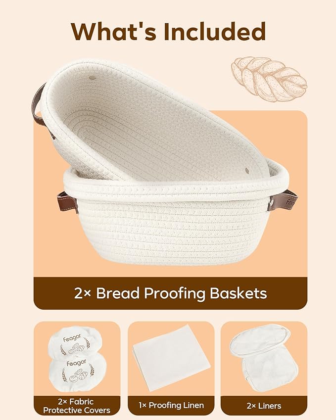 Feagar Bread Proofing Basket Set: XL 11.5” Banneton Holds 1000g Dough, Includes Multi-Purpose Proofing Cloth for Baguettes, Round Loaf & Sourdough Bread Baking Supplies | 2-Pack with Liners & Covers
