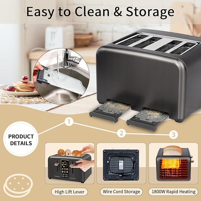 SEEDEEM Touchscreen Toaster 4 Slice, 7 Shade, Stainless, 1800W Dark Metallic