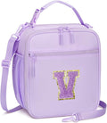 CLOUDWINGS Initial Insulated Lunch Bag for Girls Kids, Back to School Gift, Reusable Leak-proof Lunch Box with Adjustable Strap for School Daycare Travel Picnic (Purple,V)
