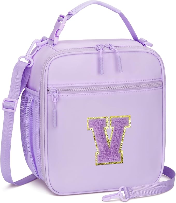 CLOUDWINGS Initial Insulated Lunch Bag for Girls Kids, Back to School Gift, Reusable Leak-proof Lunch Box with Adjustable Strap for School Daycare Travel Picnic (Purple,V)