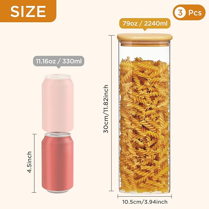 Spreccio Square Glass Food Storage Jars with Lids 2.47 Qt [Set of 3], Perfect for Pasta, Cookies, Nuts, Coffee, Cereal, Flour, Organize Your Kitchen and Pantry with BPA-Free Glass Jars with Canisters