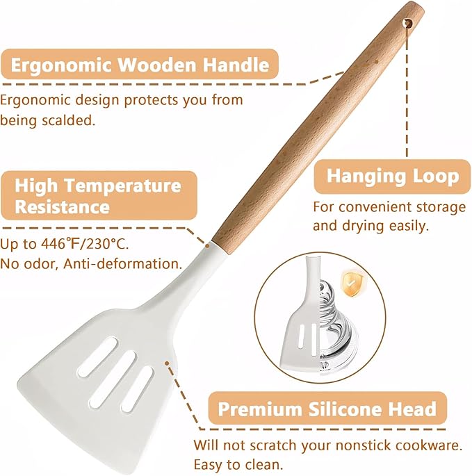 IOCBYHZ Kitchen Cooking Utensils Set 6Pcs Non-Stick Silicone Kitchen Utensils Spatula Spoon Turner Ladle Pasta Server, Heat Resistant Wooden Handle Silicone Cooking Gadgets Sets for Cookware & Baking