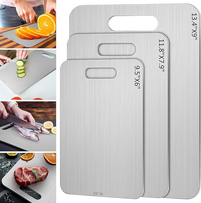 Yaocom 3 Pcs Stainless Steel Cutting Board for Kitchen 304 Steel Chopping Dishwasher Safe Metal Cutting Board Set for Kitchen Meat Fruit Vegetable (13.4"x9",11.8"x7.9",9.5"x6")