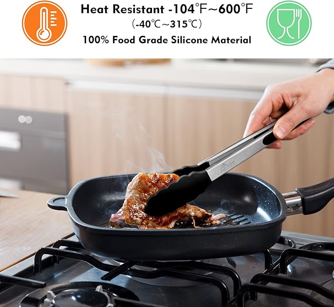 HOTEC Premium Stainless Steel Locking Kitchen Tongs with Silicon Tips, Heat Resistant Cooking Tongs Set of 3-7", 9" and 12", Black
