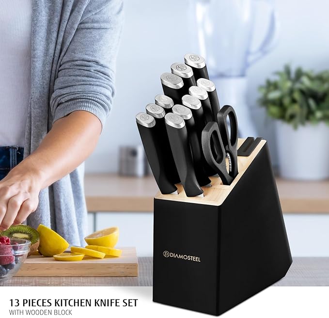 Black Knife Set, 13-Piece Knife Block Set with Built-in Sharpener