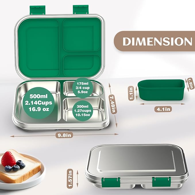 BABHAMNESS Stainless Steel Bento Box Kids, 3 Compartments Leak Proof Metal Bento Lunch Box, 304 Stainless Steel Bento Lunch Containers for School and Office,Dishwasher Safe, BPA-Free-Green