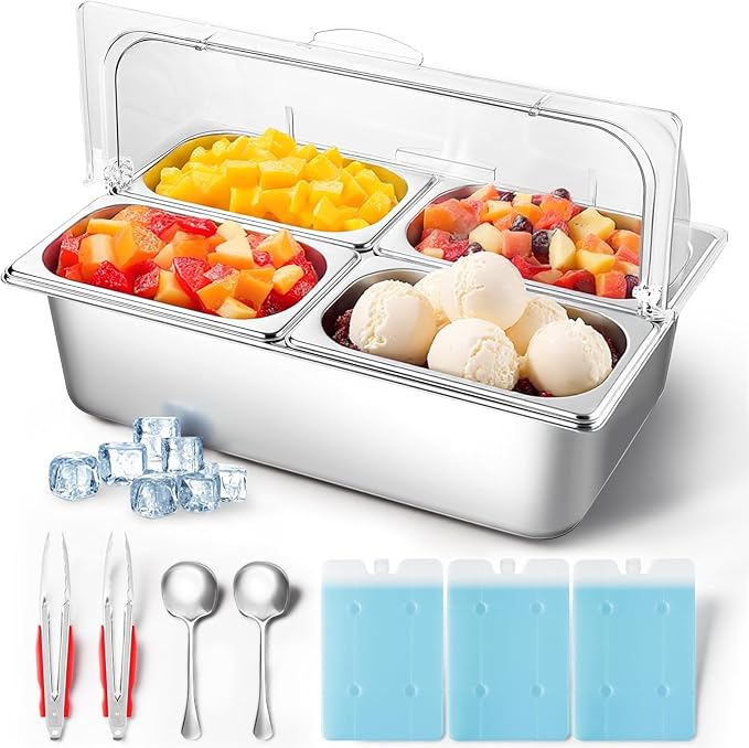 Tijvzk Stainless Steel Ice Food Serving Display Container 6 Pans 3 Ice Packs Cooled Condiment Dispenser Cold Serving Appetizer Buffet Organizer (4 Pans)